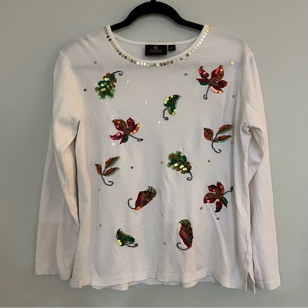 Quaker Factory White pullover sweater with autumn leaves Size 8